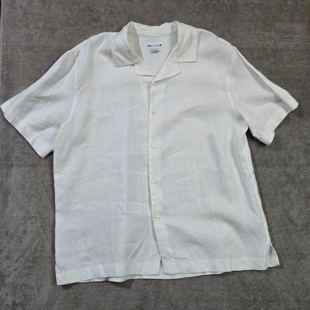 Zara Linen Button‎ Down Shirt Mens XL White Camp Coastal Resort Preppy Hamptons